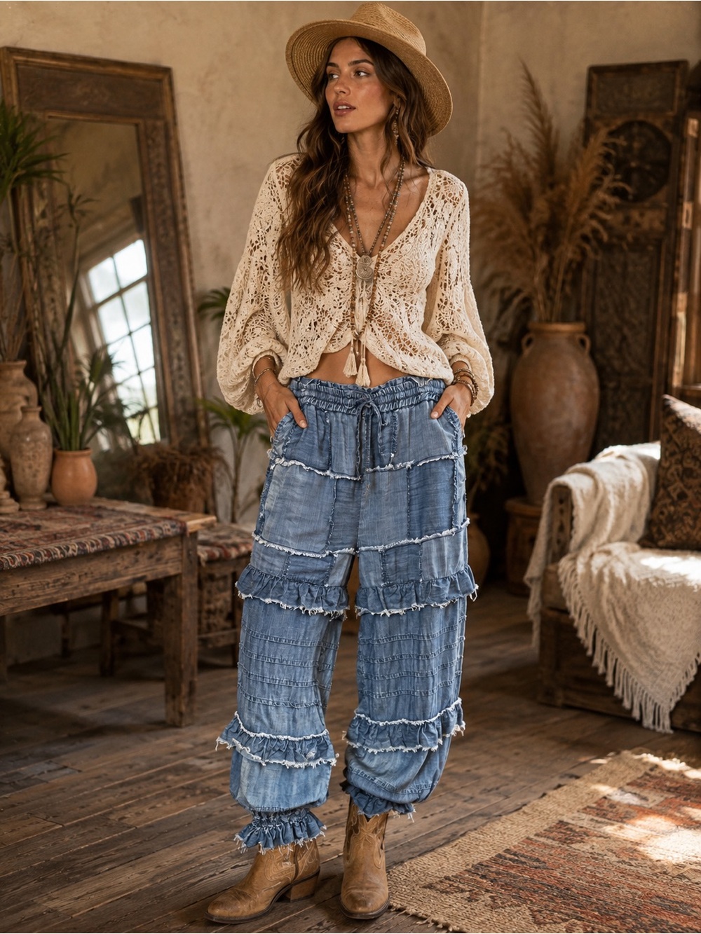 A Rare Bird Boho Ruffle Tiered Wide-Leg Jeans - Blue